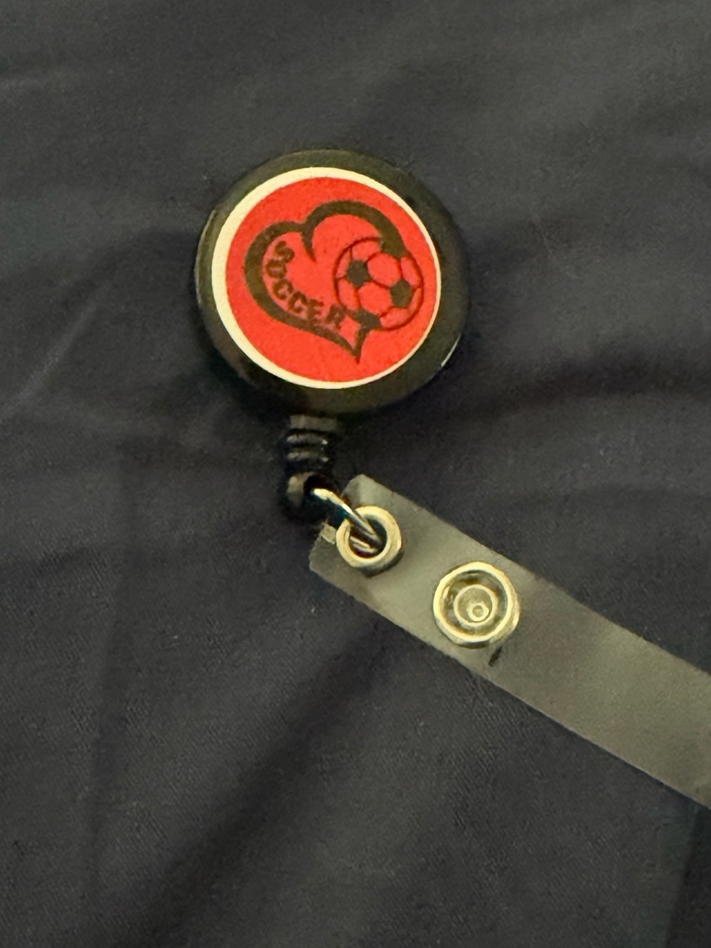 Retractable Badge Reel with Red Soccer Heart Design